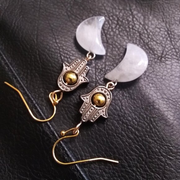 Luna Moon Goddess Earrings! Quartz Moons & Hamsa Hand - Protection & Blessings - Picture 10 of 14